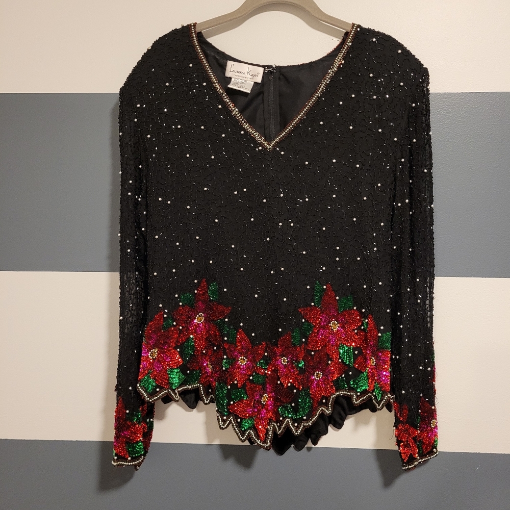 Vintage Laurence Kazar Christmas Beaded Top Size 2XL 100% Silk